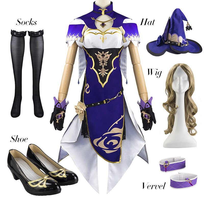  Genshin Impact Lisa ڽ ǻ   Lisa Ƿ ׼ Ʈ Anime Curly Wig Hat Project Girl Dress Shoes